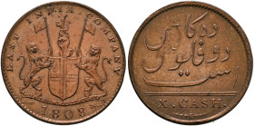 INDIA, Colonial. British India. Madras Presidency. 10 Cash 1808 (Bronze, 26 mm, 4.81 g, 6 h), reverse lamination error. Soho (Birmingham) mint. EAST I...
