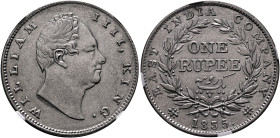 INDIA, Colonial. British India. William IV, 1830-1837. Rupee 1835 (Silver, 30 mm, 11.66 g, 11 h), R.S. incused on truncation with thin letters. , Calc...