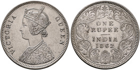 INDIA, Colonial. British India. Victoria, 1837-1901. Rupee 1862 B (Silver, 30 mm, 11.66 g, 12 h), type A bust, type II reverse, 0/0 dots. Bombay (Mumb...