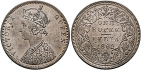 INDIA, Colonial. British India. Victoria, 1837-1901. Rupee 1862 B (Silver, 31 mm, 11.69 g, 12 h), Type A/II 1/2, variety with one dot above and two do...