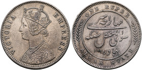 INDIA, Colonial. British India. Victoria, 1837-1901. Rupee 1891 (Silver, 31 mm, 11.61 g, 12 h), Alwar State, Calcutta (Kolkata). VICTORIA - EMPRESS Cr...