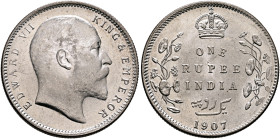 INDIA, Colonial. British India. Edward VII, 1901-1910. Rupee 1907 (Silver, 31 mm, 11.69 g, 12 h), Calcutta (Kolkata). EDWARD VII - KING & EMPEROR Bare...