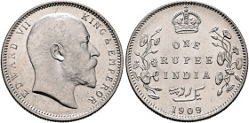 INDIA, Colonial. British India. Edward VII, 1901-1910. Rupee 1909 (Silver, 31 mm, 11.69 g, 12 h), Calcutta (Kolkata). EDWARD VII - KING & EMPEROR Bare...