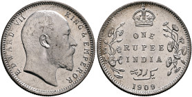 INDIA, Colonial. British India. Edward VII, 1901-1910. Rupee 1909 (Silver, 31 mm, 11.62 g, 12 h), Calcutta (Kolkata). EDWARD VII - KING & EMPEROR Bare...