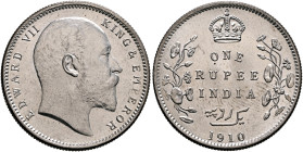 INDIA, Colonial. British India. Edward VII, 1901-1910. Rupee 1910 (Silver, 31 mm, 11.65 g, 12 h), Calcutta (Kolkata). EDWARD VII - KING & EMPEROR Bare...
