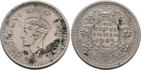 INDIA, Colonial. British India. George VI, 1936-1952. Rupee 1945 L (Silver, 30 mm, 11.64 g, 12 h), variety with large 5, Lahore. GEORGE VI KING EMPERO...