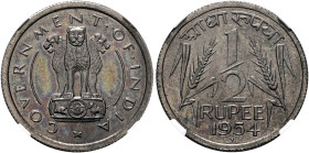 INDIA, Republic. 1947-present. 1/2 Rupee 1954 (Nickel, 24 mm, 5.78 g, 12 h), Bombay (Mumbai). GOVERNMENT OF INDIA Ashoka lion capitol facing. Rev. आधा...