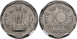 INDIA, Republic. 1947-present. 10 Paise 1963 (Copper-Nickel, 23 mm, 4.90 g, 12 h), clipped planchet mint error, Calcutta (Kolkata). भारत - INDIA Ashok...