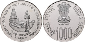 INDIA, Republic. 1947-present. 1000 Rupees 2010 (Silver, 43 mm, 35.00 g, 12 h), on the 1000th Anniversary of the Brihadeeswarar Temple, Bombay (Mumbai...