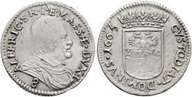 ITALY. Massa di Lunigiana. Alberico II Cybo-Malaspina, Duca, 1664-1690. Luigino da 8 Bolognini 1665 (Silver, 21 mm, 2.26 g, 6 h). ALBERIC•S•R•I•E•MASS...