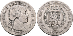 ITALY. Sardegna (Regno). Vittorio Emanuele I, 1814-1821. 5 Lire 1816 L (Silver, 37 mm, 24.53 g, 6 h), Torino (Turin). VIC•EM•D•G•REX SAR•CYP•ET IER• /...