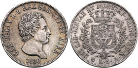 ITALY. Sardegna (Regno). Carlo Felice, 1821-1831. 5 Lire 1830 P (Silver, 37 mm, 25.00 g, 6 h), Genova (Genoa). CAR•FELIX D•G•REX SAR•CYP•ET HIER• Bare...