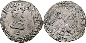 ITALY. Sicilia (Regno). Carlo I di Spagna (Carlo V, Sacro Romano Impero), 1516-1556. 4 Tari 1555 (Silver, 32 mm, 10.65 g, 5 h), Messina. ✠ CAROLVS✱V✱I...