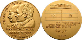 ISRAEL. Republic. 1948-present. Medal 1977 (Gilt Bronze, 60 mm, 93.55 g, 12 h), on the Visit of President Anwar Sadat to Israel on 19 November 1977. P...
