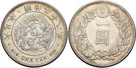 JAPAN, National coinage. Meiji Era. 1867-1912. Yen 28 = 1895 (Silver, 38 mm, 26.92 g, 12 h), Osaka. 年八十二治明 • 本 日 大 / • 416 • ONE YEN • 900 • Dragon; a...