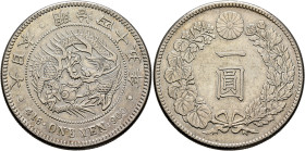 JAPAN, National coinage. Meiji Era. 1867-1912. Yen 45 = 1912 (Silver, 38 mm, 27.00 g, 12 h), Osaka. 年五十四治明 • 本 日 大 / • 416 • ONE YEN • 900 • Dragon; a...