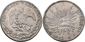 MEXICO, Republic (First). 1823-1863. 8 Reales 1832 Go (Silver, 38 mm, 26.60 g, 12 h), Guanajuato. REPUBLICA MEXICANA. Eagle on cactus holding snake in...