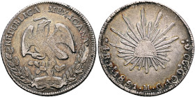MEXICO, Republic (First). 1823-1863. 4 Reales 1851 Pi (Silver, 34 mm, 13.43 g, 12 h), San Luis Potosi. REPUBLICA MEXICANA. Eagle on cactus holding sna...
