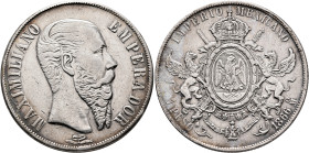 MEXICO, Empire (Maximilian). Maximilian I von Habsburg, 1864-1867. Peso 1866 Mo (Silver, 37 mm, 26.84 g, 6 h), Ciudad de México (Mexico City). MAXIMIL...