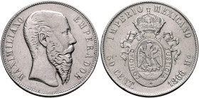 MEXICO, Empire (Maximilian). Maximilian I von Habsburg, 1864-1867. 50 Centavos 1866 Mo (Silver, 30 mm, 13.36 g, 6 h), Ciudad de México (Mexico City). ...