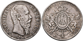MEXICO, Empire (Maximilian). Maximilian I von Habsburg, 1864-1867. Peso 1867 Mo (Silver, 37 mm, 27.19 g, 6 h), Ciudad de México (Mexico City). MAXIMIL...