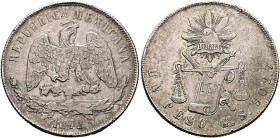 MEXICO, Republic (Second). 1867-present. Peso 1872 Go (Silver, 38 mm, 27.11 g, 6 h), Guanajuato. REPUBLICA MEXICANA. / 1872 Eagle on cactus holding sn...