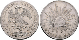 MEXICO, Republic (Second). 1867-present. 8 Reales 1877 Oa (Silver, 40 mm, 27.11 g, 6 h), Oaxaca. REPUBLICA MEXICANA. Eagle on cactus holding snake in ...