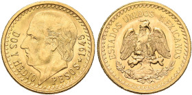 MEXICO, Republic (Second). 1867-present. 2.5 Pesos 1945 (Gold, 14 mm, 2.07 g, 6 h), Ciudad de México (Mexico City). DOS Y MEDIO - PESOS*1945 Bare head...