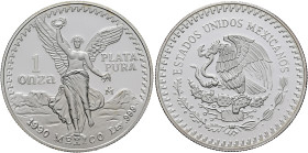 MEXICO, Republic (Second). 1867-present. Onza 1990 Mo (Silver, 36 mm, 31.10 g, 6 h), Libertad, Ciudad de México (Mexico City). 1 / ONZA - PLATA / PURA...