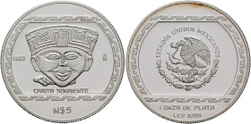 MEXICO, Republic (Second). 1867-present. 5 Pesos 1993 Mo (Silver, 40 mm, 31.10 g, 6 h), on the 'Carita Sonriente' head from Veracruz, Ciudad de México...