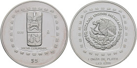 MEXICO, Republic (Second). 1867-present. 5 Pesos 1996 Mo (Silver, 40 mm, 31.10 g, 6 h), on the Hacha ceremonial from the Olmecs, Ciudad de México (Mex...