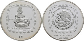 MEXICO, Republic (Second). 1867-present. 5 Pesos 1996 Mo (Silver, 40 mm, 31.10 g, 6 h), on the Señor De Las Limas from the Olmecs, Ciudad de México (M...