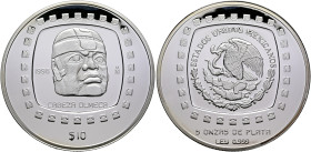 MEXICO, Republic (Second). 1867-present. 10 Pesos 1996 Mo (Silver, 65 mm, 155.60 g, 6 h), on the Cabeza Olmeca, 5oz, Ciudad de México (Mexico City). 1...