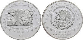 MEXICO, Republic (Second). 1867-present. 5 Pesos 1998 Mo (Silver, 40 mm, 31.10 g, 6 h), on the Serpiente con Craneo from the Toltecs, Ciudad de México...