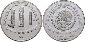 MEXICO, Republic (Second). 1867-present. 10 Pesos 1998 Mo (Silver, 65 mm, 155.50 g, 6 h), on the Atlantes pillars from the Toltecs, 5oz, Ciudad de Méx...