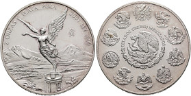 MEXICO, Republic (Second). 1867-present. 2 Onzas 2001 Mo (Silver, 48 mm, 61.95 g, 6 h), Libertad, 2oz, Ciudad de México (Mexico City). 2 ONZAS - PLATA...