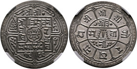 NEPAL, Shah Dynasty. Tribhuvana Vira Vikrama. VS 1968-2007 / AD 1911-1950. 2 Mohars VS 1986 = AD 1929 (Silver, 28 mm, 11.20 g, 12 h). श्री श्री / श्री...