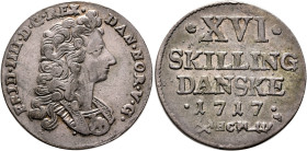 NORWAY. Fredrik IV, 1699-1730. 16 Skilling 1717 HCM (Silver, 26 mm, 5.06 g, 12 h), Kongsberg. FRID•III•D•G•REX• - DAN•NOR•V•G• Cuirassed bust of Frede...