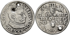 POLAND, Monarchs. Stefan Batory, 1576-1586. 3 Grosze (Trojak) 1582 (Silver, 21 mm, 2.29 g, 7 h), Olkusz. STEPHAN•D•G•REX POL•M•D•L Crowned and cuirass...