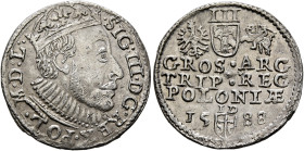 POLAND, Monarchs. Zygmunt III Waza, 1587-1632. 3 Grosze (Trojak) 1588 (Silver, 21 mm, 2.39 g, 12 h), Olkusz ID (mintmaster Jan Dulski). •SIG:III•DG•RE...