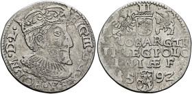 POLAND, Monarchs. Zygmunt III Waza, 1587-1632. 3 Grosze (Trojak) 1592 IF (Silver, 21 mm, 2.36 g, 9 h), Olkusz. SIG•III•D•G•REX•POL•M•D•L• Crowned and ...