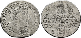 POLAND, Monarchs. Zygmunt III Waza, 1587-1632. 3 Grosze (Trojak) 1592 IF (Silver, 21 mm, 2.34 g, 6 h), Olkusz. SIG•III•D•G•REX•[P]OL•M•D•L• Crowned an...
