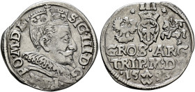POLAND, Monarchs. Zygmunt III Waza, 1587-1632. 3 Grosze (Trojak) 1593 (Silver, 22 mm, 2.25 g, 2 h), Wilno (Vilnius). SIG•III•D•G• - •REX•PO•M•D•L• Cro...