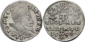 POLAND, Monarchs. Zygmunt III Waza, 1587-1632. 3 Grosze (Trojak) 1596 (Silver, 22 mm, 2.30 g, 10 h), Wilno (Vilnius). SIG•III•D:G• - •REX•PO•M•D•L• Cr...