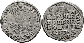 POLAND, Monarchs. Zygmunt III Waza, 1587-1632. 3 Grosze (Trojak) 1596 IF (Silver, 21 mm, 2.17 g, 10 h), Fraustadt (Wschowa). SIG•III•DG•REX•PO•M•D:L•9...