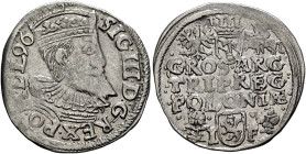 POLAND, Monarchs. Zygmunt III Waza, 1587-1632. 3 Grosze (Trojak) 1596 IF (Silver, 21 mm, 2.21 g, 2 h), Fraustadt (Wschowa). SIG•III•D:G•REX•PO•M•D•L•9...