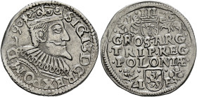 POLAND, Monarchs. Zygmunt III Waza, 1587-1632. 3 Grosze (Trojak) 1596 IF (Silver, 20 mm, 2.51 g, 4 h), Fraustadt (Wschowa). SIGI•3•D•G:REX•POM•DL•96 C...