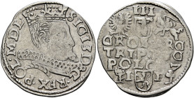 POLAND, Monarchs. Zygmunt III Waza, 1587-1632. 3 Grosze (Trojak) 1597 L (Silver, 21 mm, 2.15 g, 6 h), Lublin. SIGI 3 D - G •REX •POL• M D L• Crowned a...