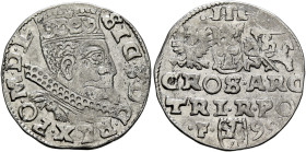 POLAND, Monarchs. Zygmunt III Waza, 1587-1632. 3 Grosze (Trojak) 1599 F (Silver, 20 mm, 2.00 g, 8 h), Fraustadt (Wschowa). SIG•3•D•G•REX•PO•M•DL Crown...
