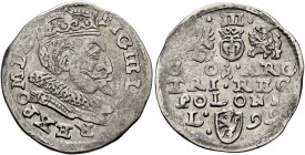 POLAND, Monarchs. Zygmunt III Waza, 1587-1632. 3 Grosze (Trojak) 1599 L (Silver, 21 mm, 2.14 g, 10 h), Lublin. SIG III D [G]• •REX P O M D G Crowned a...